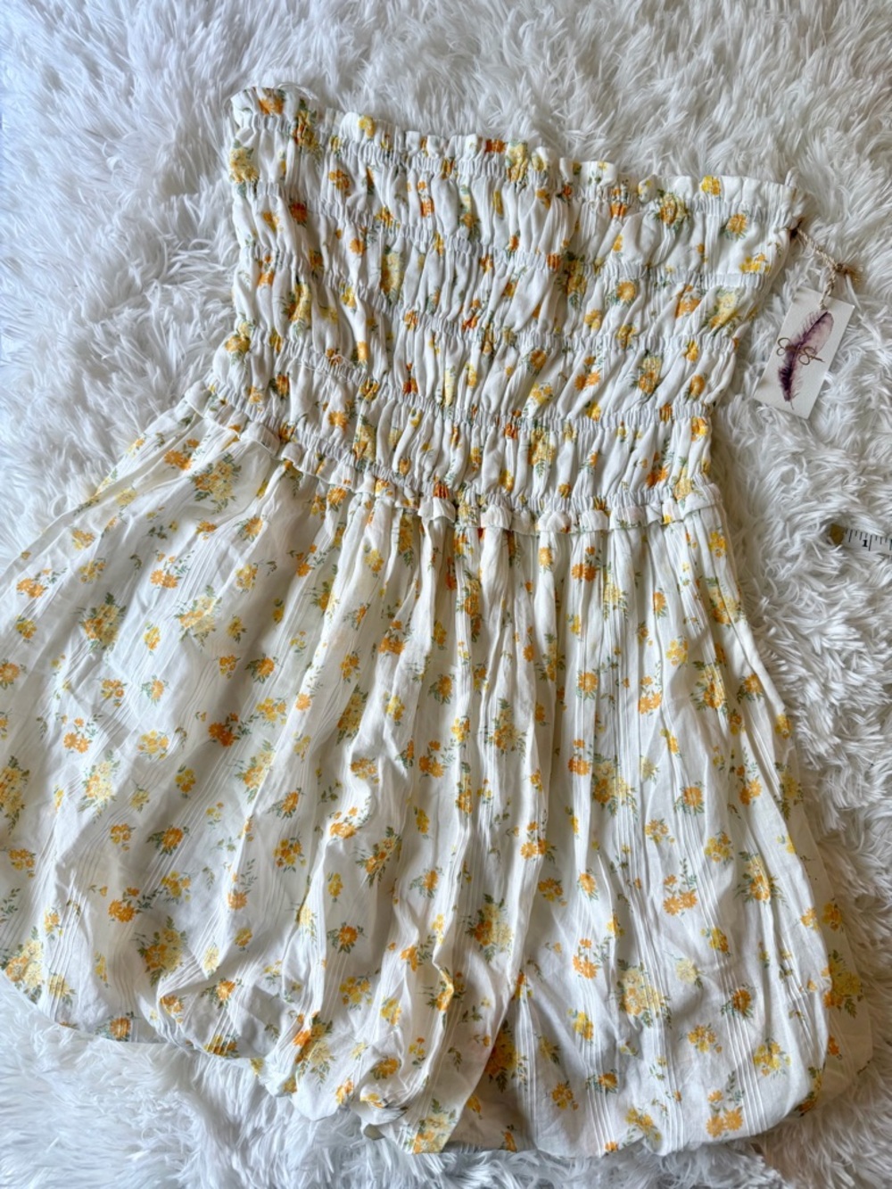 Jessica Simpson Yellow Floral Strapless Smocked Bubble Hem Mini Dress NWT Sz S - Picture 2 of 9